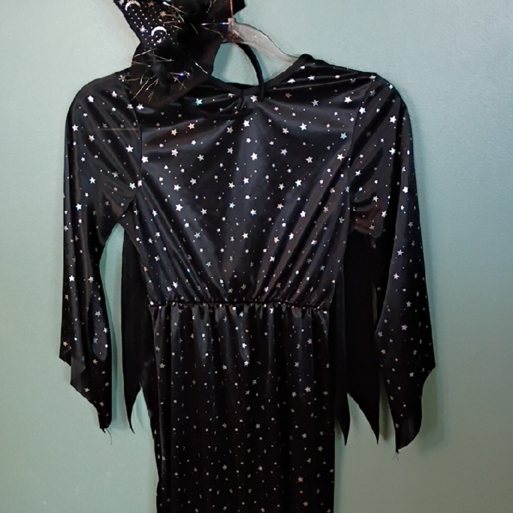🧹Girls Witch Costume Size 7/8 With Headband Hat Black Starry Witch Costume